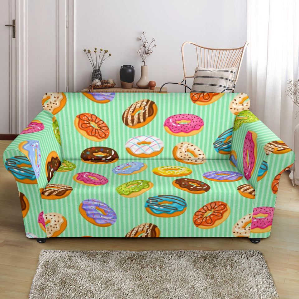 Colorful Donut Pattern Green Background Loveseat Couch Slipcover