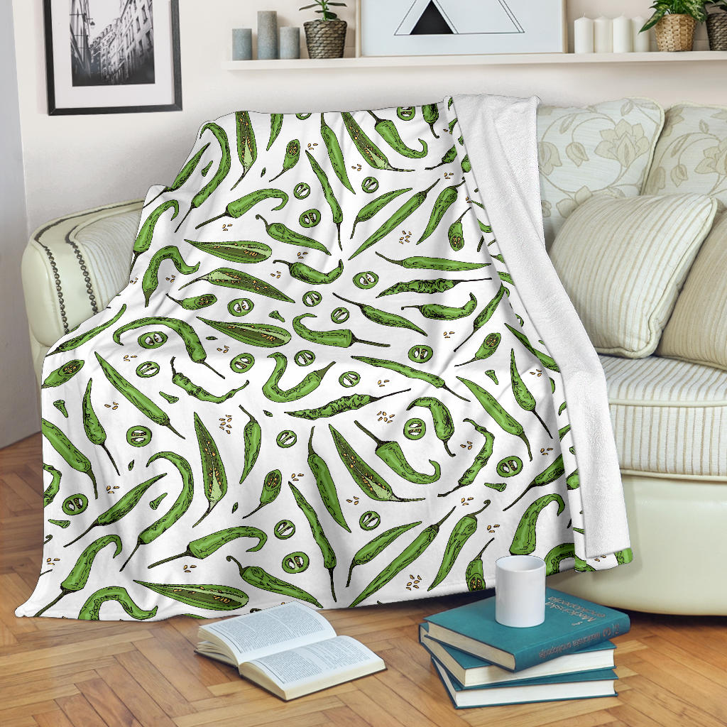 Hand Drawn Sketch Style Green Chili Peppers Pattern Premium Blanket