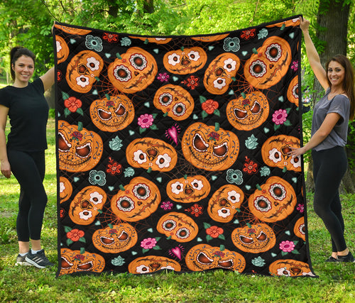 Pumpkin Flowers Spiderweb Halloween Theme Premium Quilt