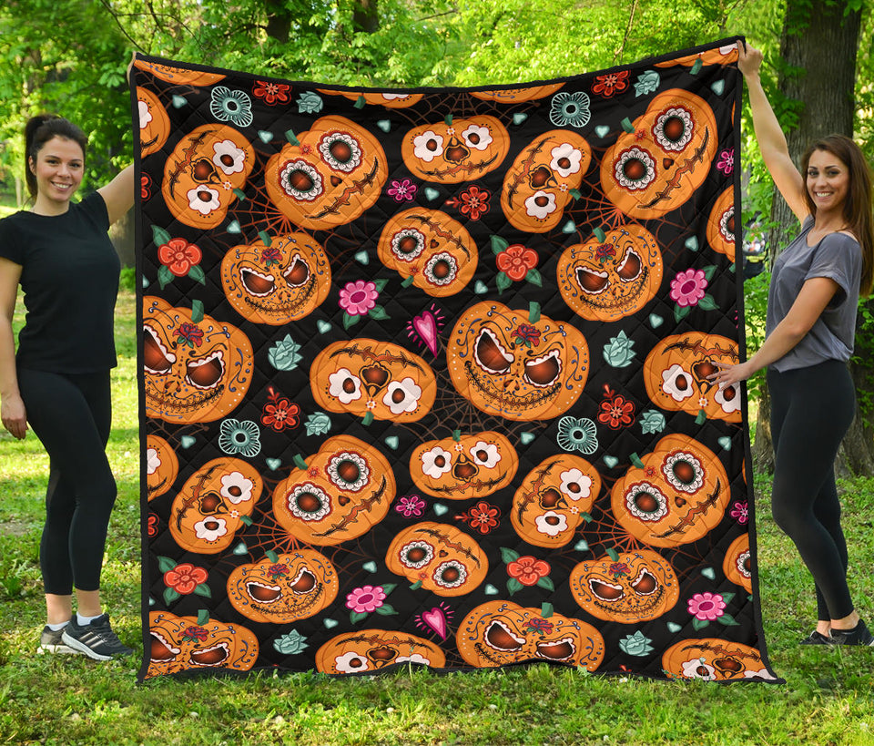 Pumpkin Flowers Spiderweb Halloween Theme Premium Quilt