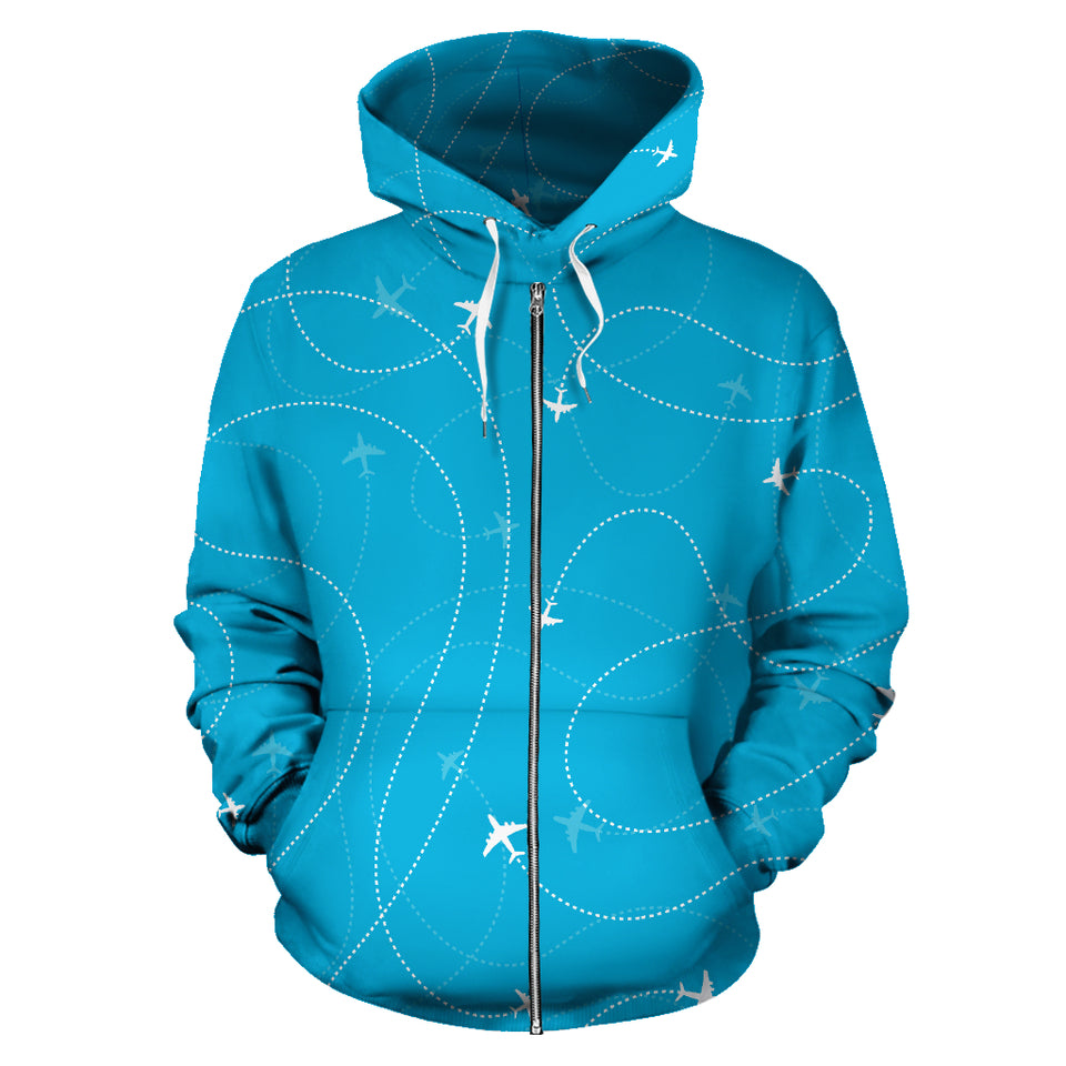 Airplane Destinations Blue Background Zip Up Hoodie