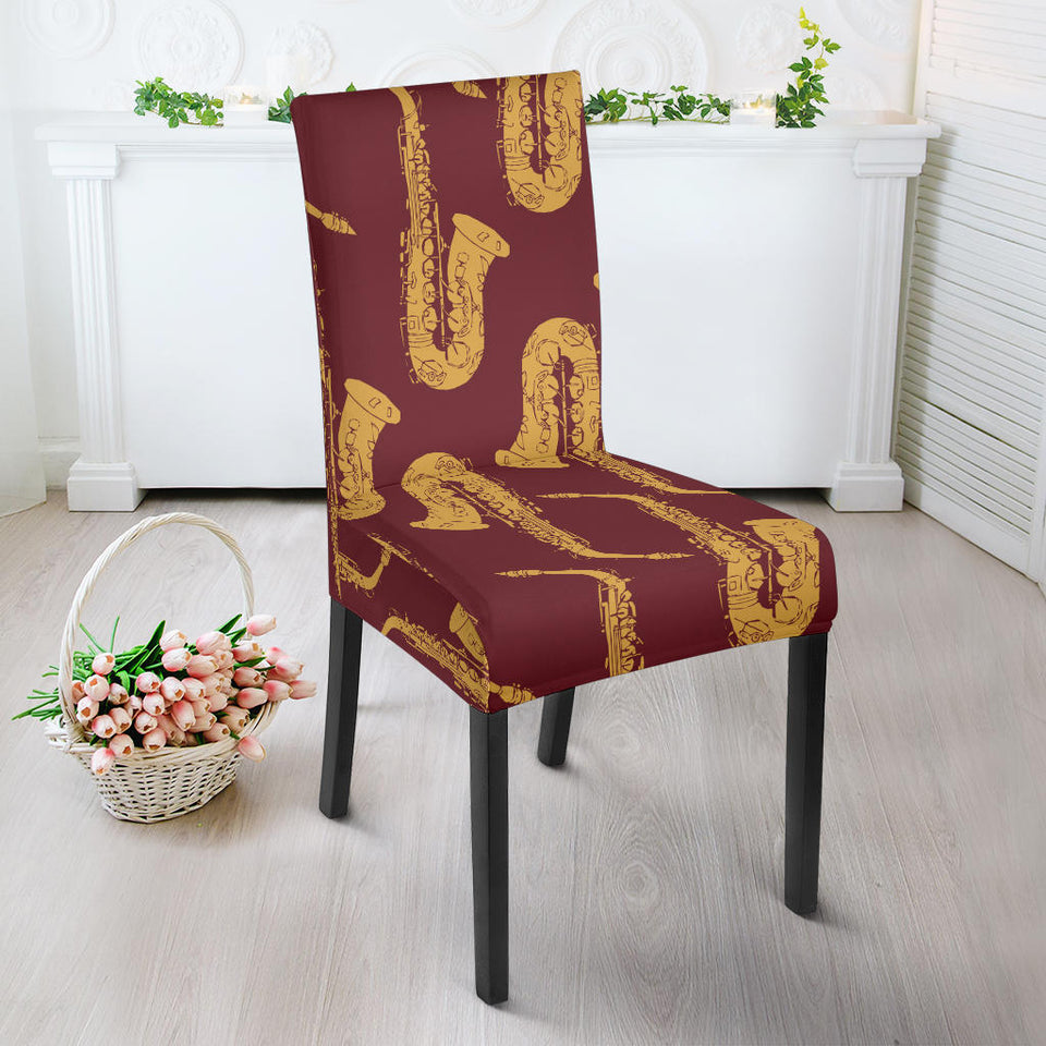 Hand Drawn Gold Saxophone Red Background  Dining Chair Slipcover