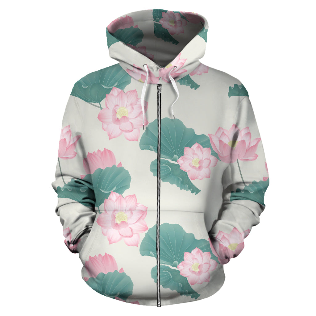 Pink Lotus Waterlily Leaves Pattern Zip Up Hoodie