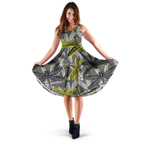 Hand Drawn Dragonfly Pattern Sleeveless Midi Dress