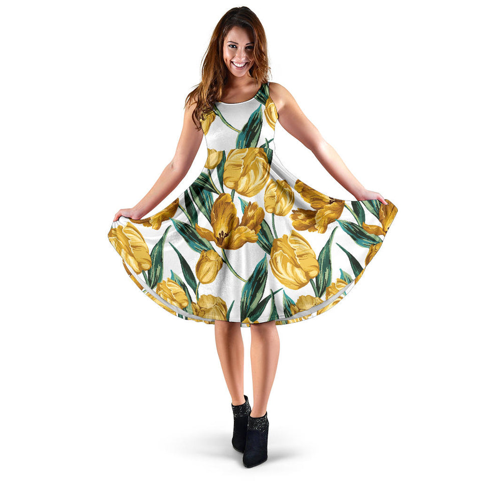 Yellow Tulips Pattern Sleeveless Midi Dress