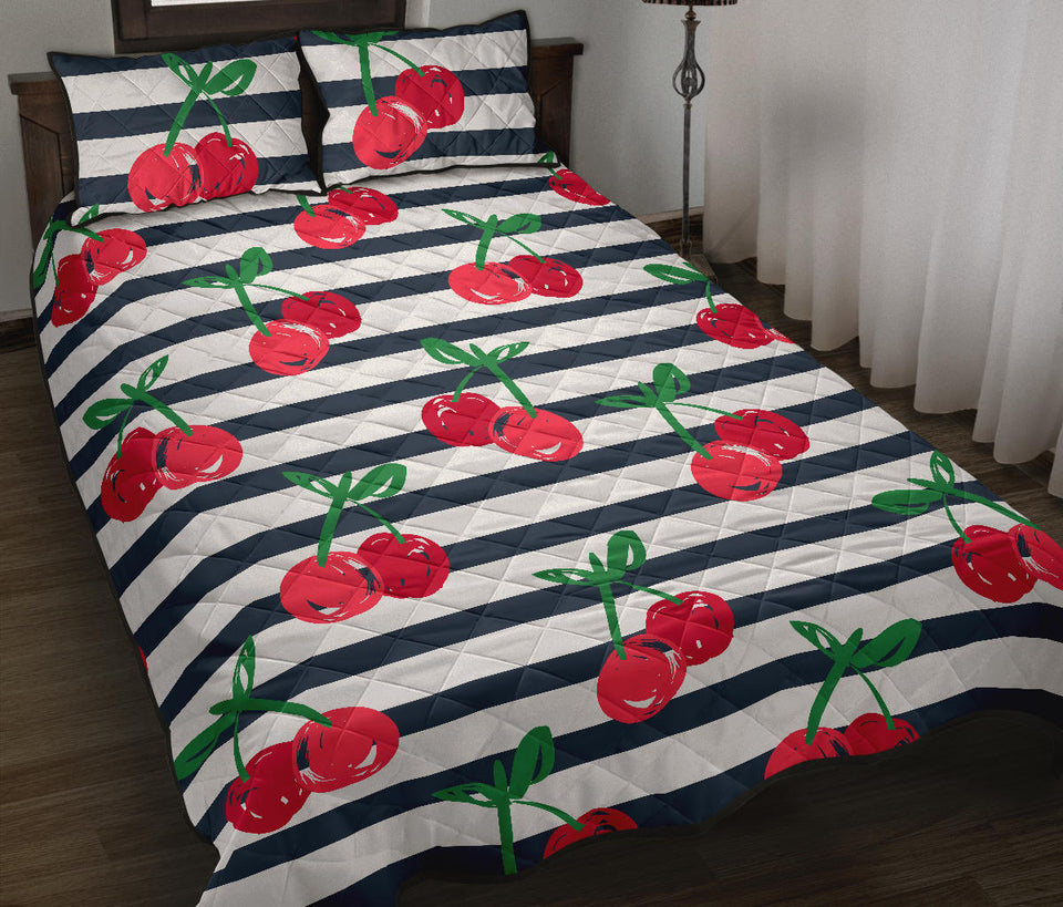 Hand drawn cherry pattern striped background Quilt Bed Set