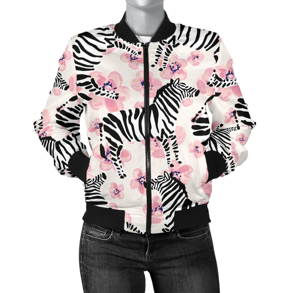 Zebra Pink Flower Background Women'S Bomber Jacket