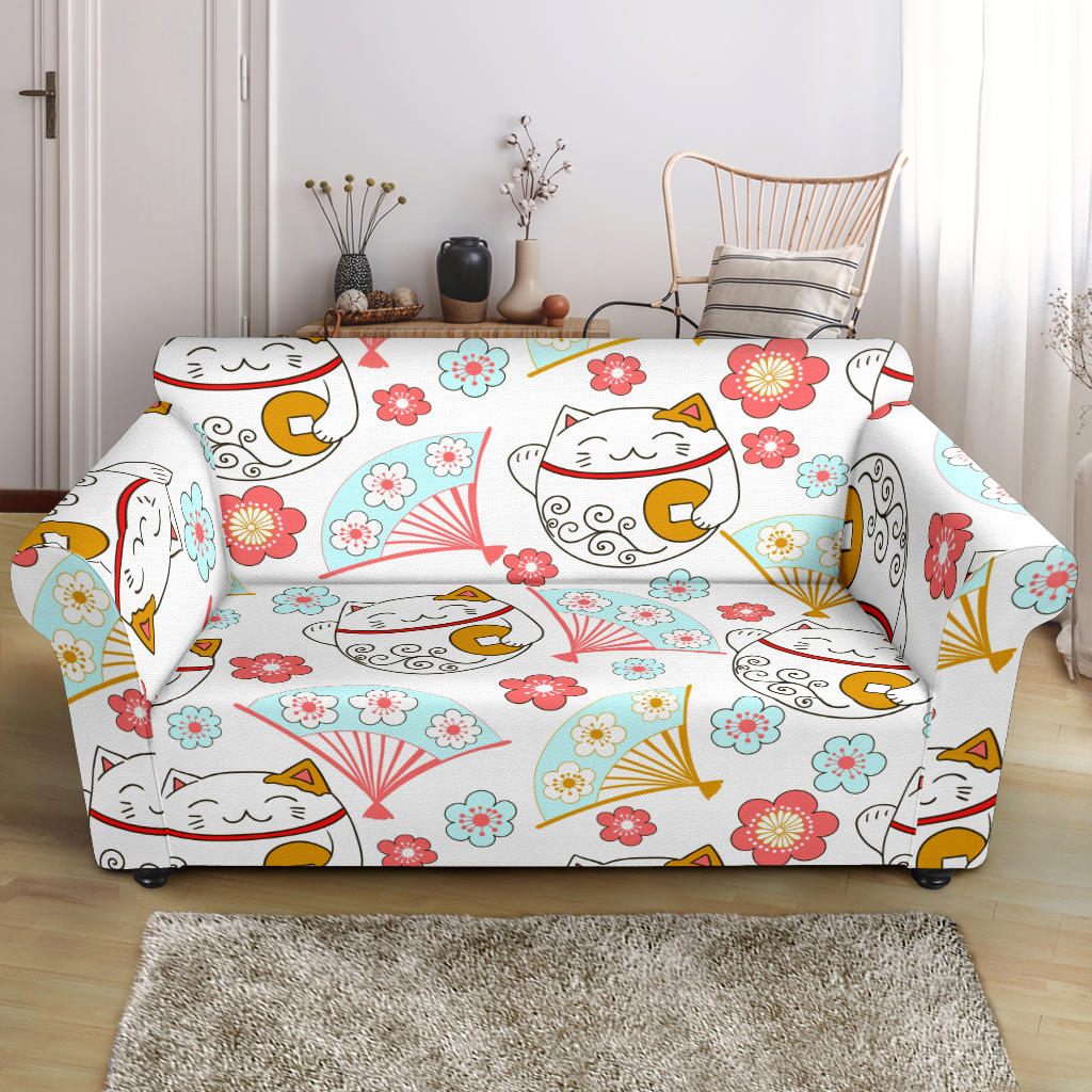 Maneki Neko Lucky Cat Fan Sakura Loveseat Couch Slipcover