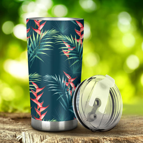 Heliconia Flowers, Palm And Monstera Leaves On Black Background Pattern Tumbler