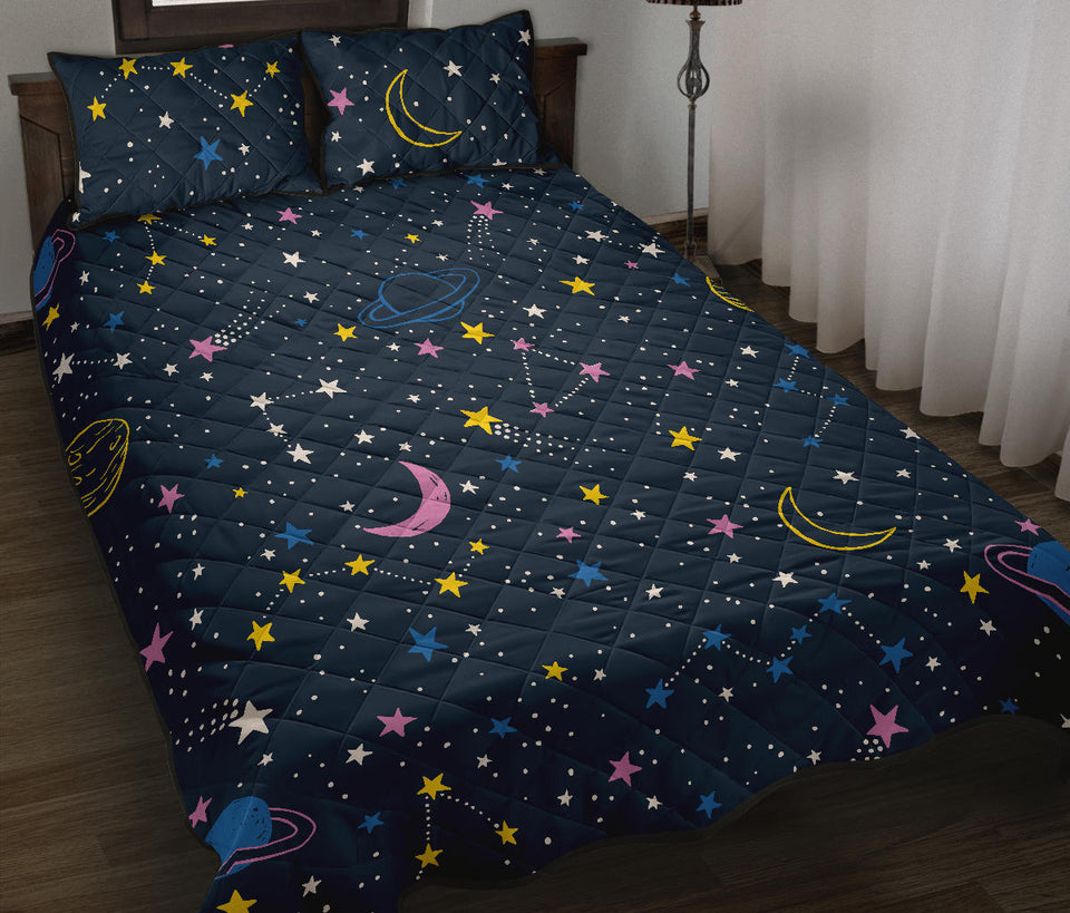space pattern with planets, comets, constellations and stars Quilt Bed Set