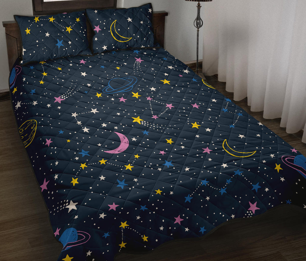 space pattern with planets, comets, constellations and stars Quilt Bed Set