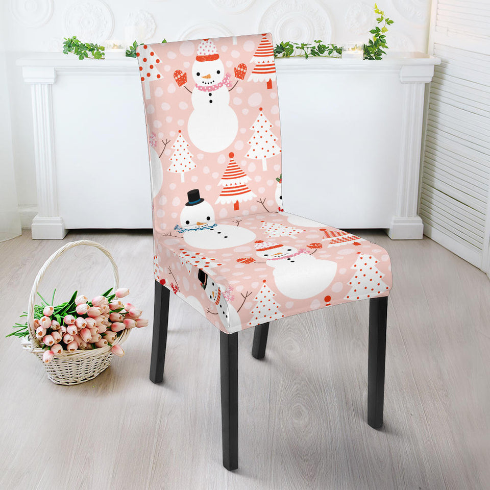 Cute Snowman Christmas Tree Snowpink Background Dining Chair Slipcover