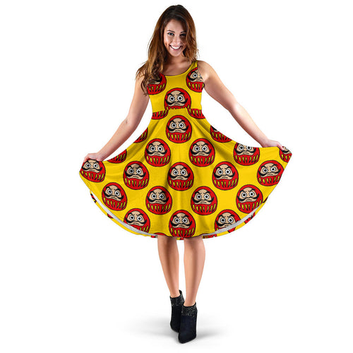 Daruma Japanese Wooden Doll Yellow Background Sleeveless Midi Dress