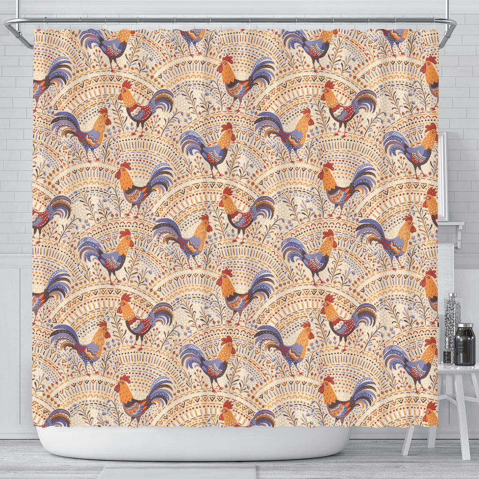 Cute Rooster Chicken Cock Floral Ornament Background Shower Curtain Fulfilled In US