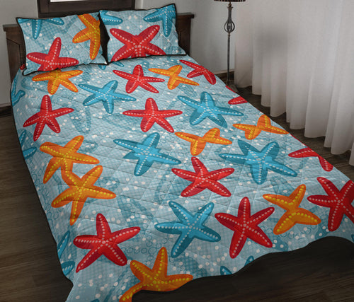 Blue red orange starfish pattern Quilt Bed Set