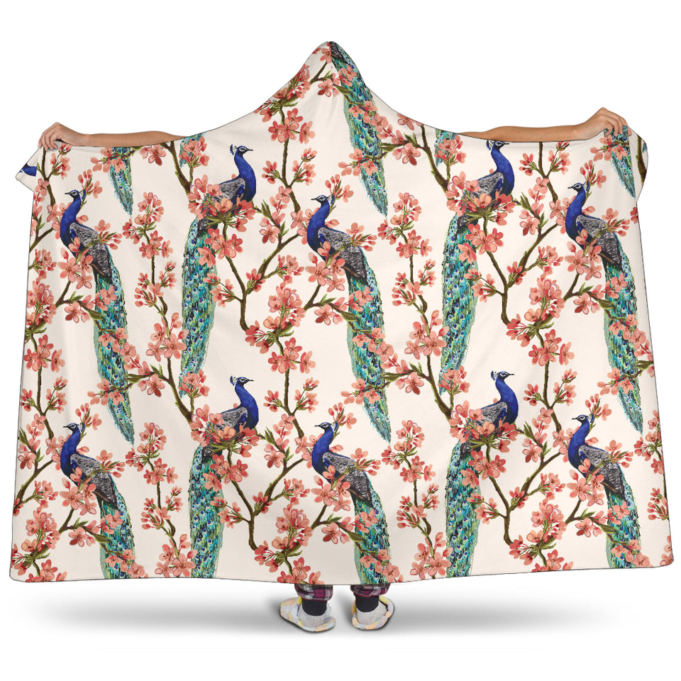 Peacock Tropical Flower Pattern Hooded Blanket