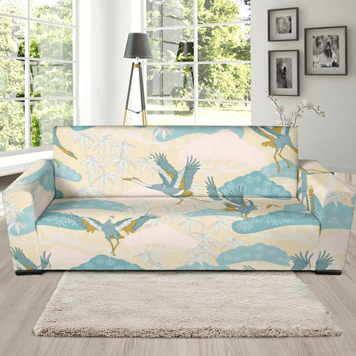 Bonsai Bamboo Stork Japanese Pattern Cream Theme Sofa Slipcover
