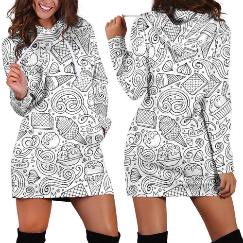 Cartoon Hand Drawn Ice Cream Black White Women'S Hoodie Dress