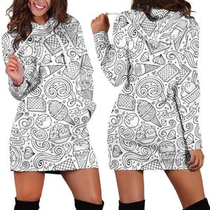 Cartoon Hand Drawn Ice Cream Black White Women'S Hoodie Dress