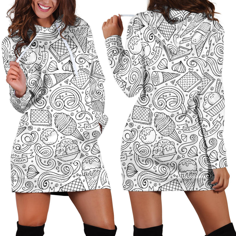 Cartoon Hand Drawn Ice Cream Black White Women'S Hoodie Dress