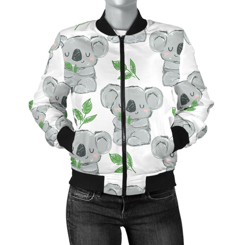 Hand Drawn Koala Leaves Pattern Women'S Bomber Jacket