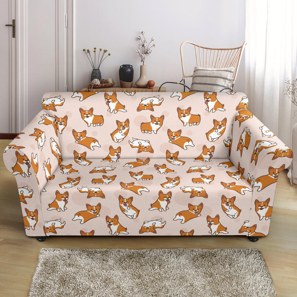 Cute Corgis Pattern Pink Background Loveseat Couch Slipcover