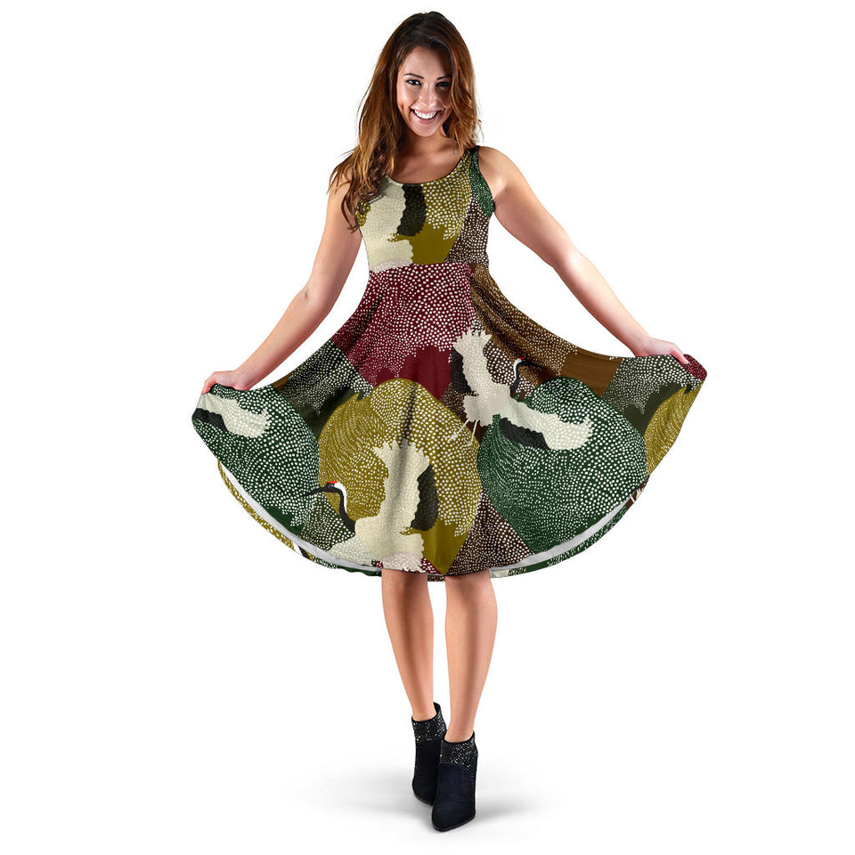 Japanese Cranes Flying Forest Dot Pattern Sleeveless Midi Dress