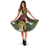 Japanese Cranes Flying Forest Dot Pattern Sleeveless Midi Dress