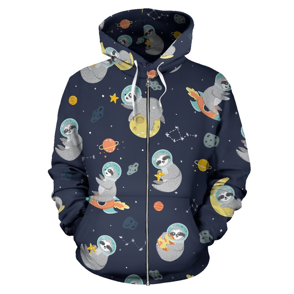 Cute Sloth Astronaut Star Planet Rocket Pattern Zip Up Hoodie
