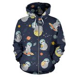 Cute Sloth Astronaut Star Planet Rocket Pattern Zip Up Hoodie
