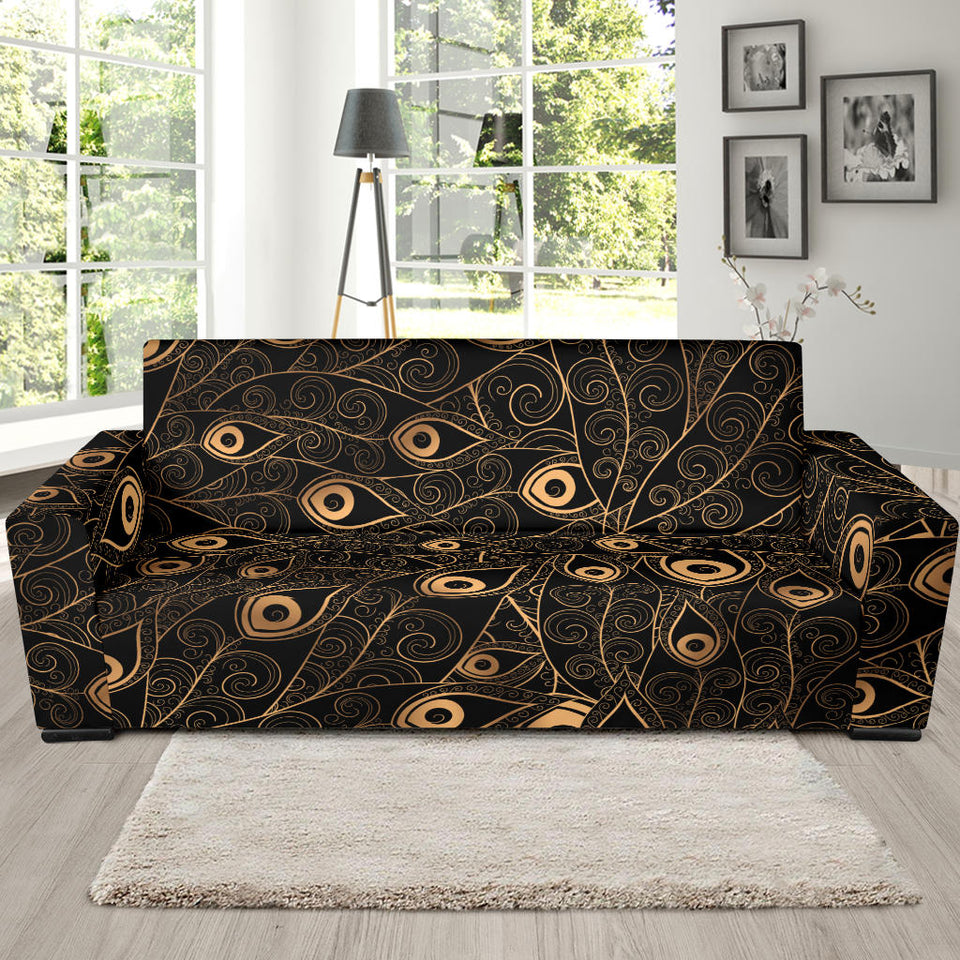 Gold Peacock Feather Pattern Sofa Slipcover