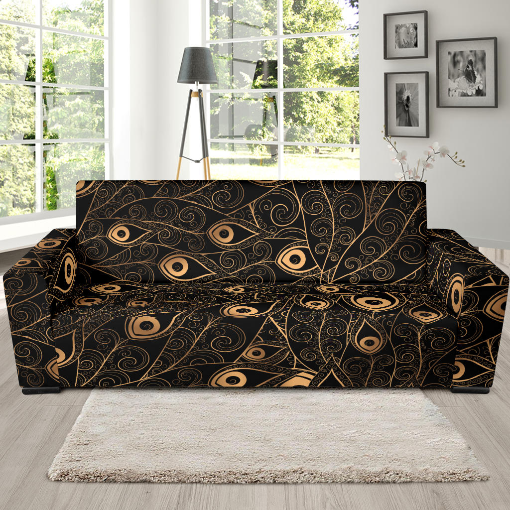 Gold Peacock Feather Pattern Sofa Slipcover