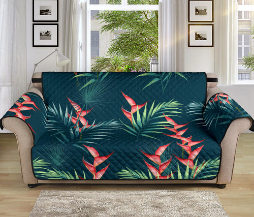 heliconia flowers, palm and monstera leaves on black background pattern Sofa Cover Protector