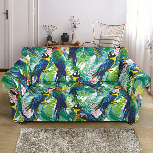 Colorful Parrot Exotic Flower Leaves Loveseat Couch Slipcover