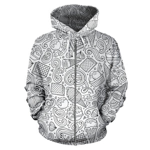 Cartoon Hand Drawn Ice Cream Black White Zip Up Hoodie