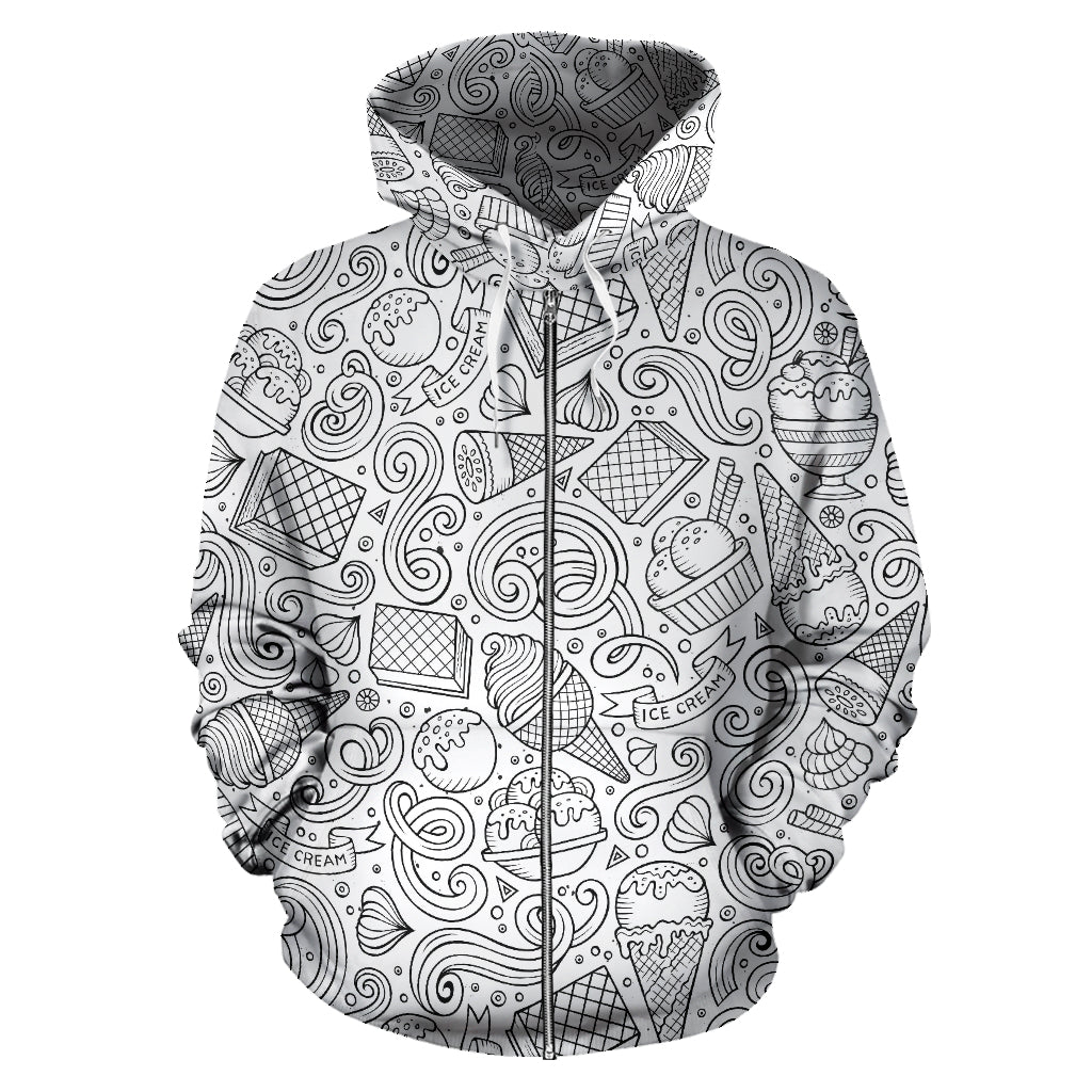 Cartoon Hand Drawn Ice Cream Black White Zip Up Hoodie