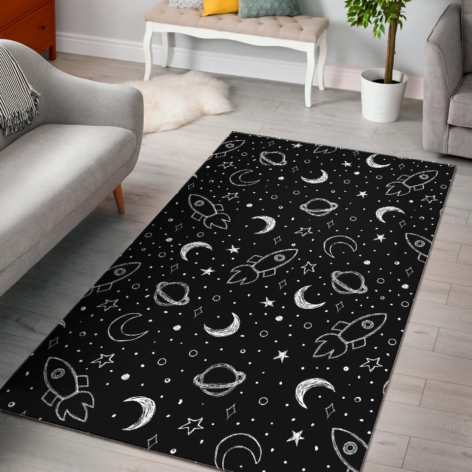 Hand Drawn Space Rocket Star Planet Area Rug