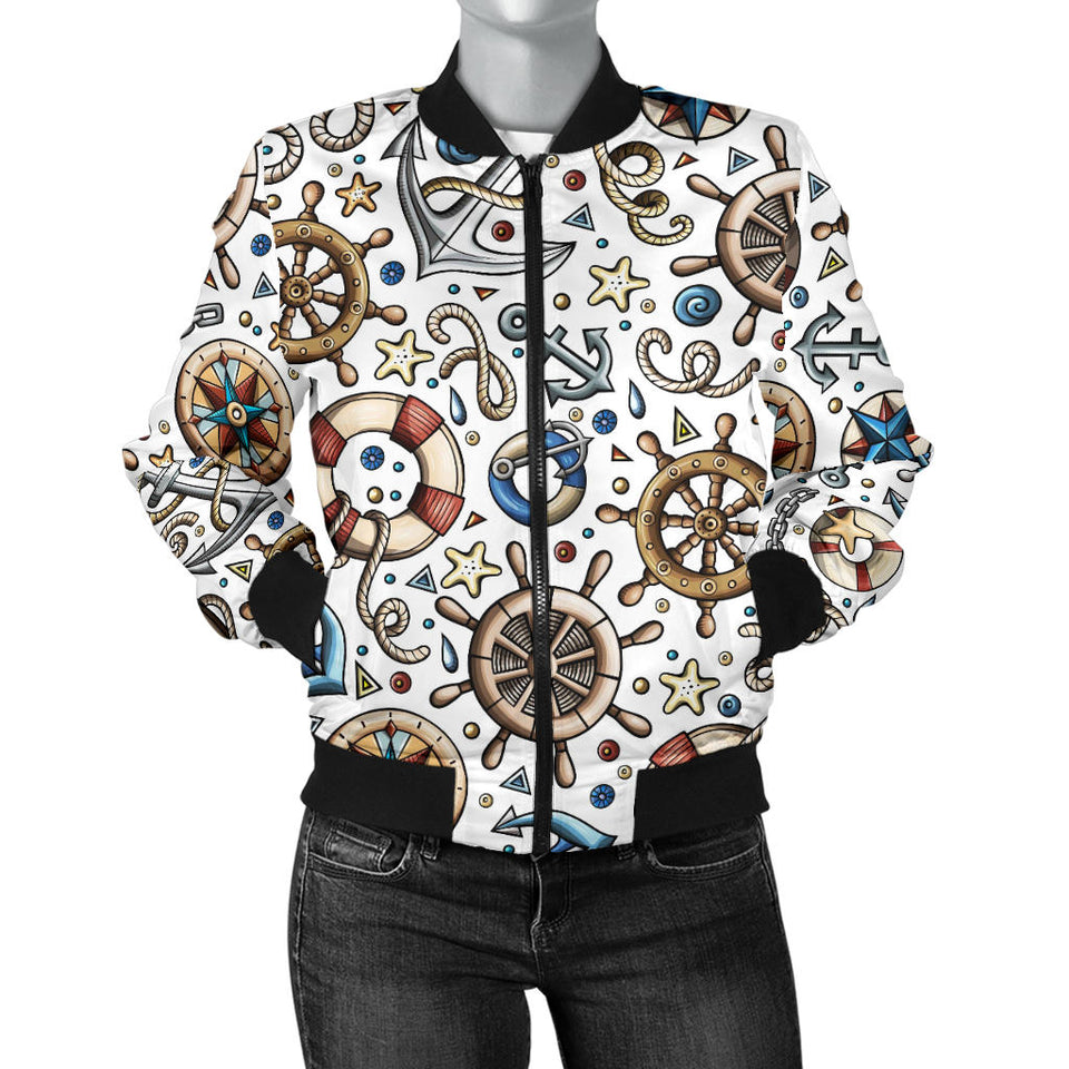 Cute Nautical Steering Wheel Anchor Pattern Women'S Bomber Jacket