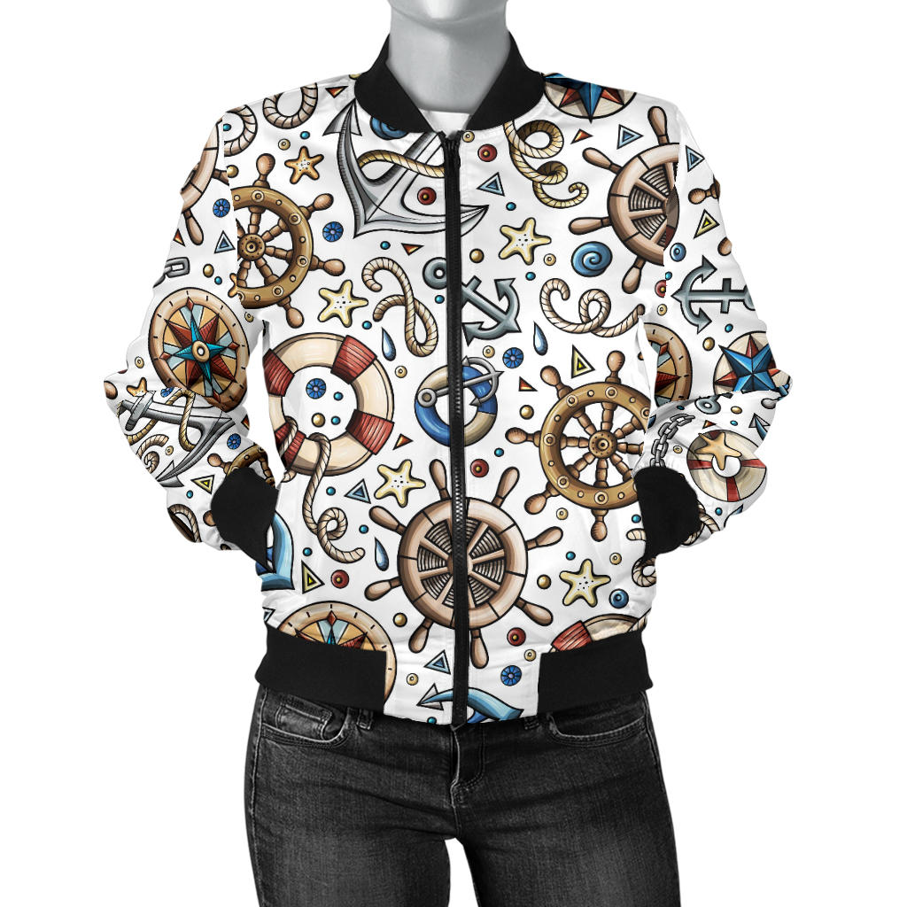 Cute Nautical Steering Wheel Anchor Pattern Women'S Bomber Jacket