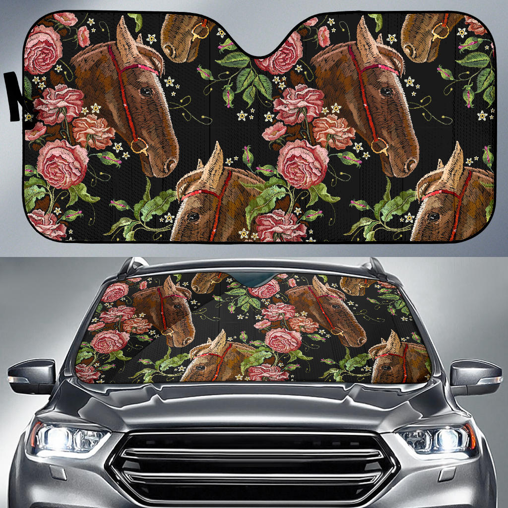 Horse Head Wild Roses Pattern Car Sun Shade