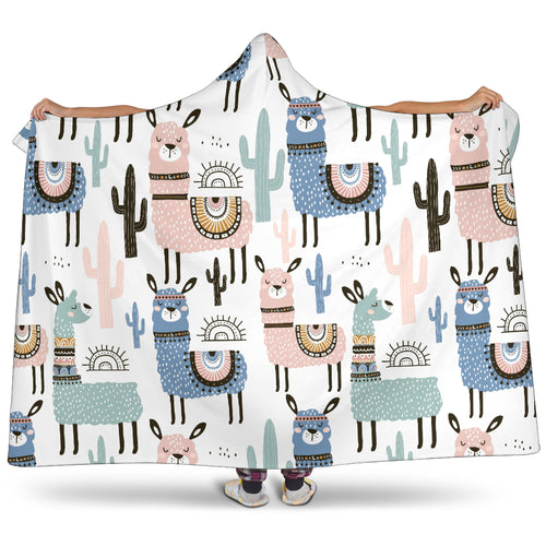 Lama Alpaca Cactus Hand Drawn Pattern Hooded Blanket