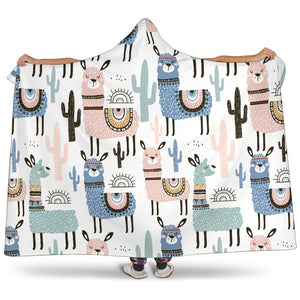 Lama Alpaca Cactus Hand Drawn Pattern Hooded Blanket
