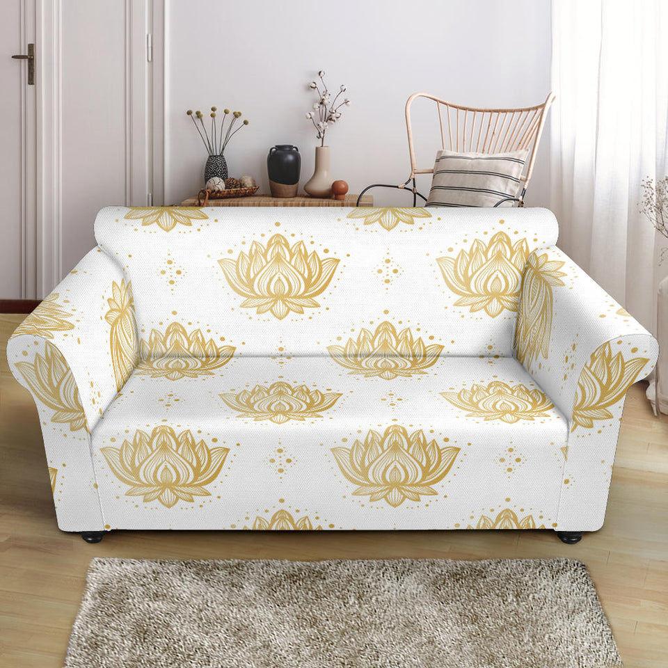 Gold Ornamental Lotue Waterlily Symbol Pattern Loveseat Couch Slipcover