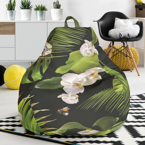 White Orchid Flower Tropical Leaves Pattern Blackground Bean Bag Cover