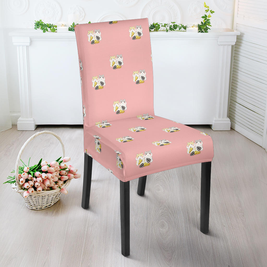 Cute Hamster Cheese Pattern Pink Background Dining Chair Slipcover