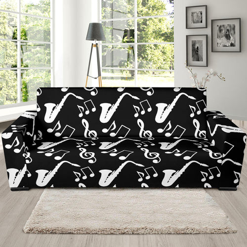 Saxophone Music Notes Treble Clef Black White Theme Sofa Slipcover