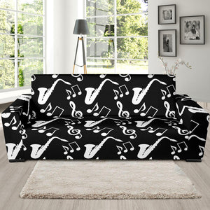 Saxophone Music Notes Treble Clef Black White Theme Sofa Slipcover