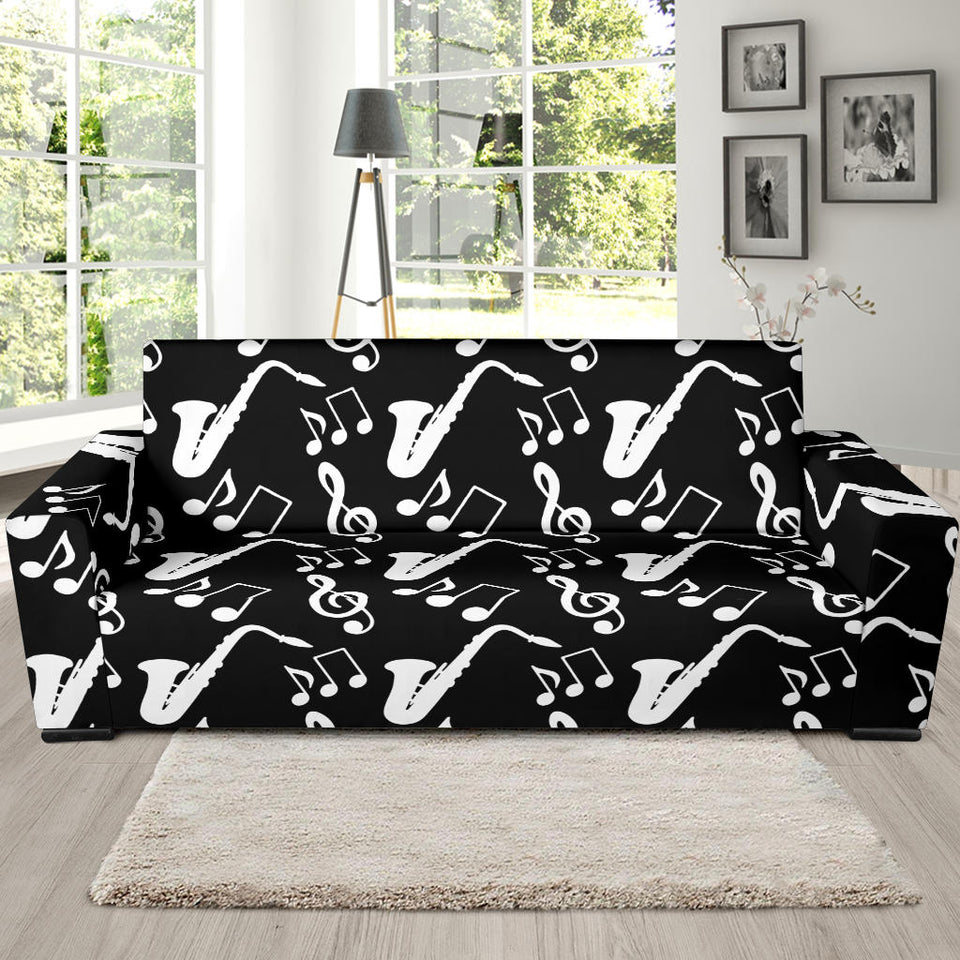 Saxophone Music Notes Treble Clef Black White Theme Sofa Slipcover