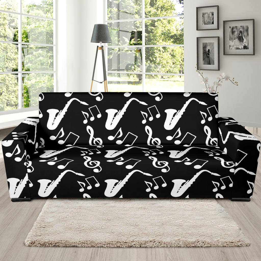 Saxophone Music Notes Treble Clef Black White Theme Sofa Slipcover