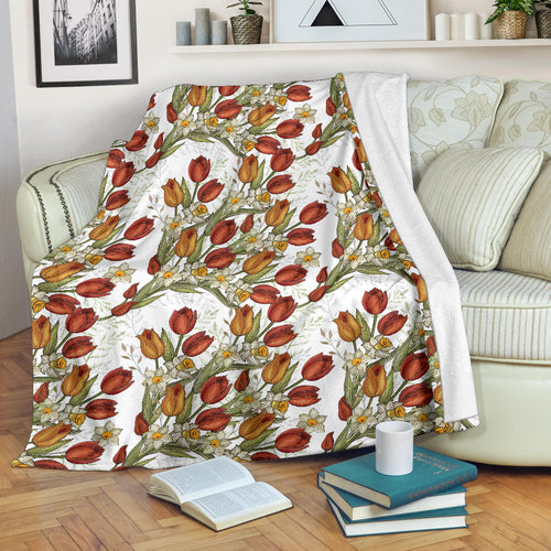 Red Tulips And Daffodils Pattern Premium Blanket